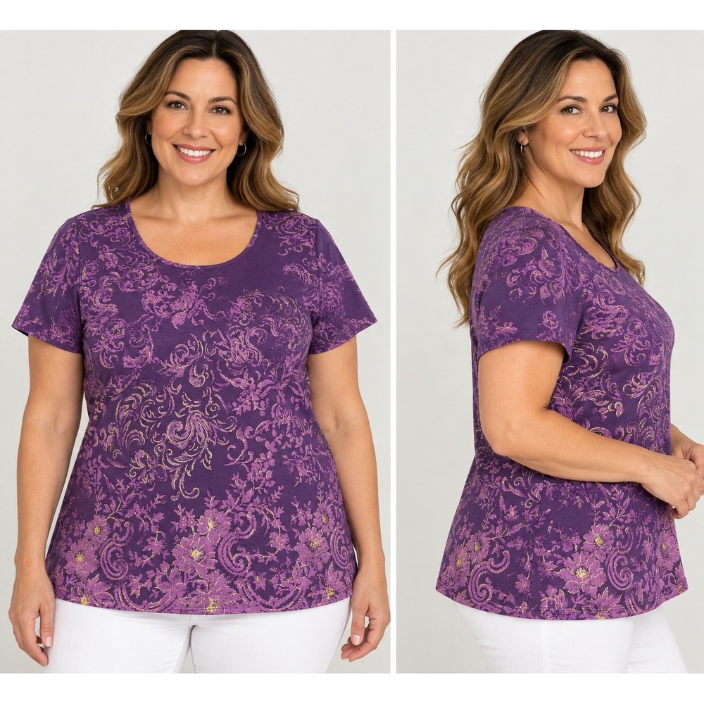 Coldwater Creek Purple Gold Foil Scroll Floral Tee Shirt Womens 1X Short Sleeve